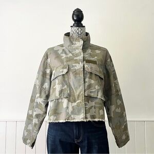 Zara Green Camouflage Oversized Cropped Denim Jacket Size XS